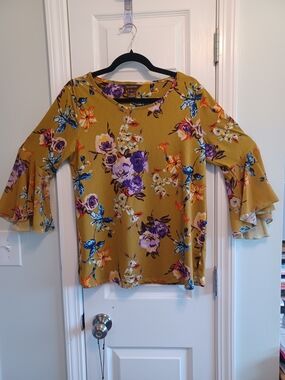 Flowy Ruffle-Sleeve Fall Blouse-in Yellow Ochre Purple and Orange Medium